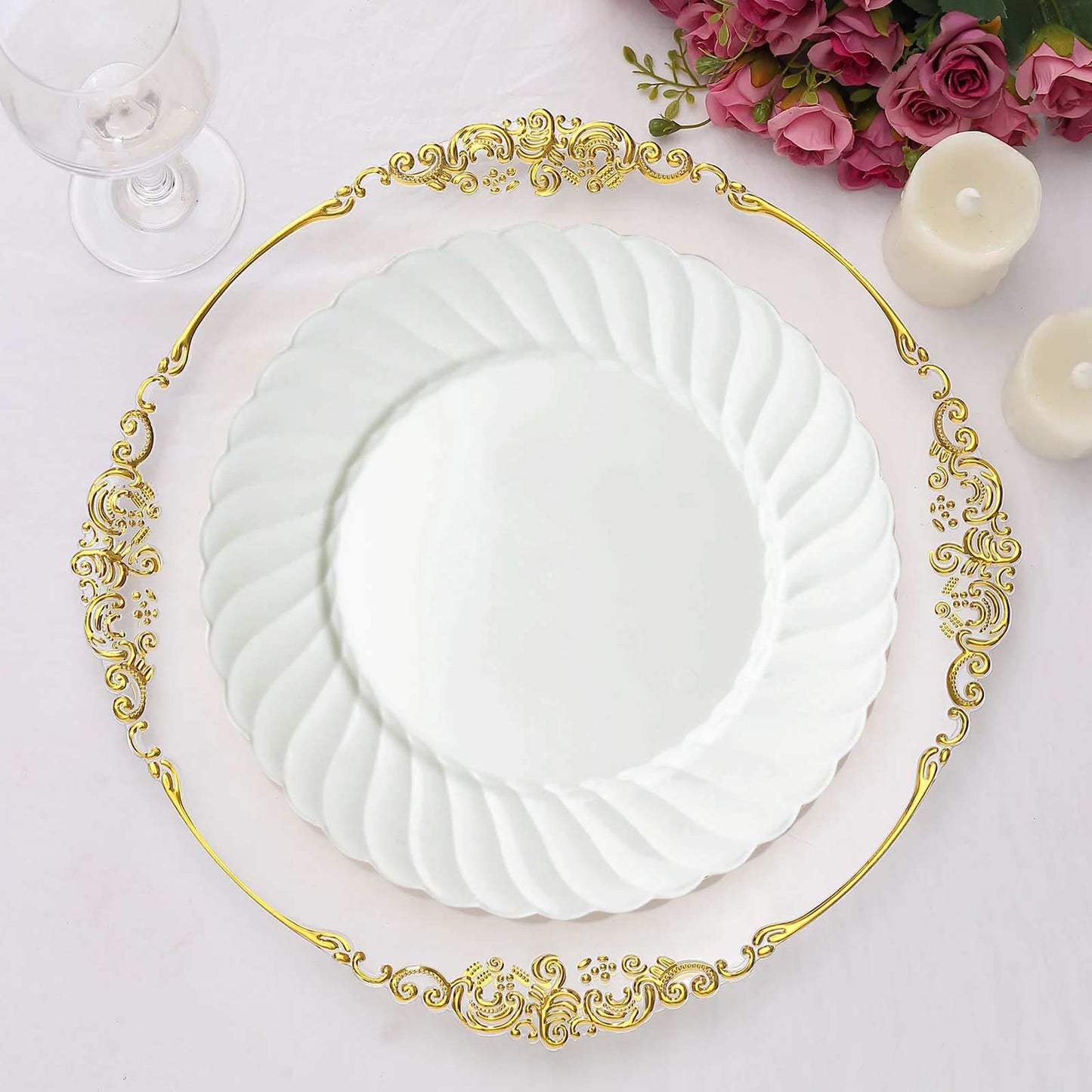 12 Pack | 6" White Flair Rim Plastic Dessert Appetizer Plates, Round Disposable Salad Plates