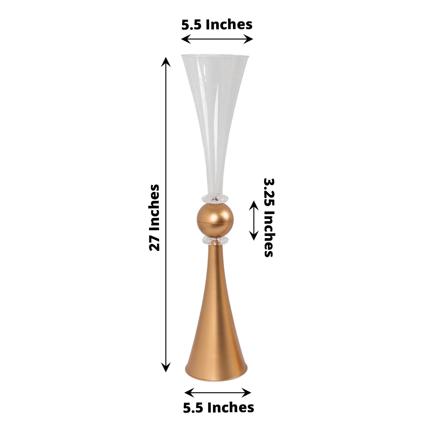 2 Pack Clear Gold Crystal Embellishment Trumpet Flower Vase, 27" Reversible Plastic Table Centerpiece