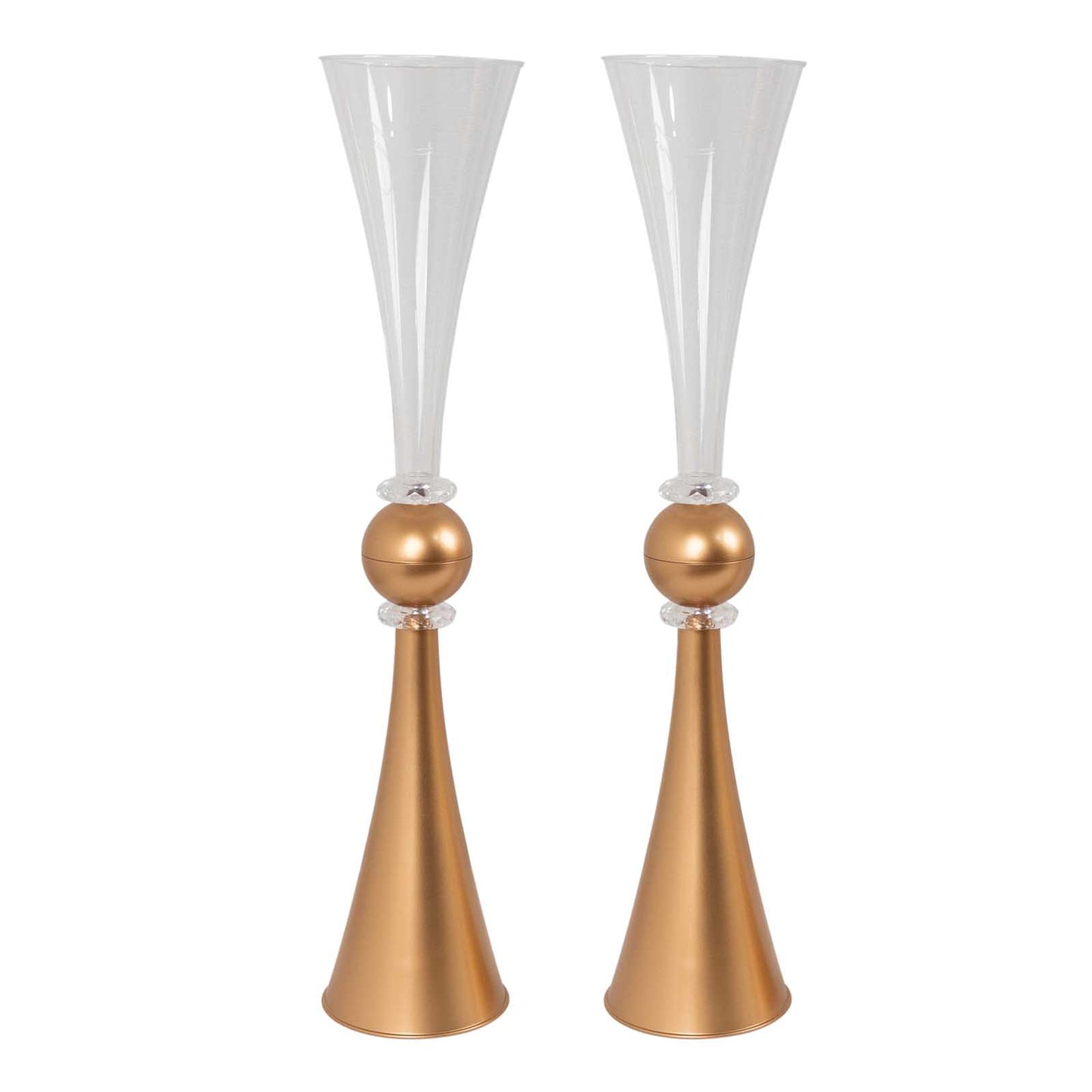 2 Pack Clear Gold Crystal Embellishment Trumpet Flower Vase, 27" Reversible Plastic Table Centerpiece