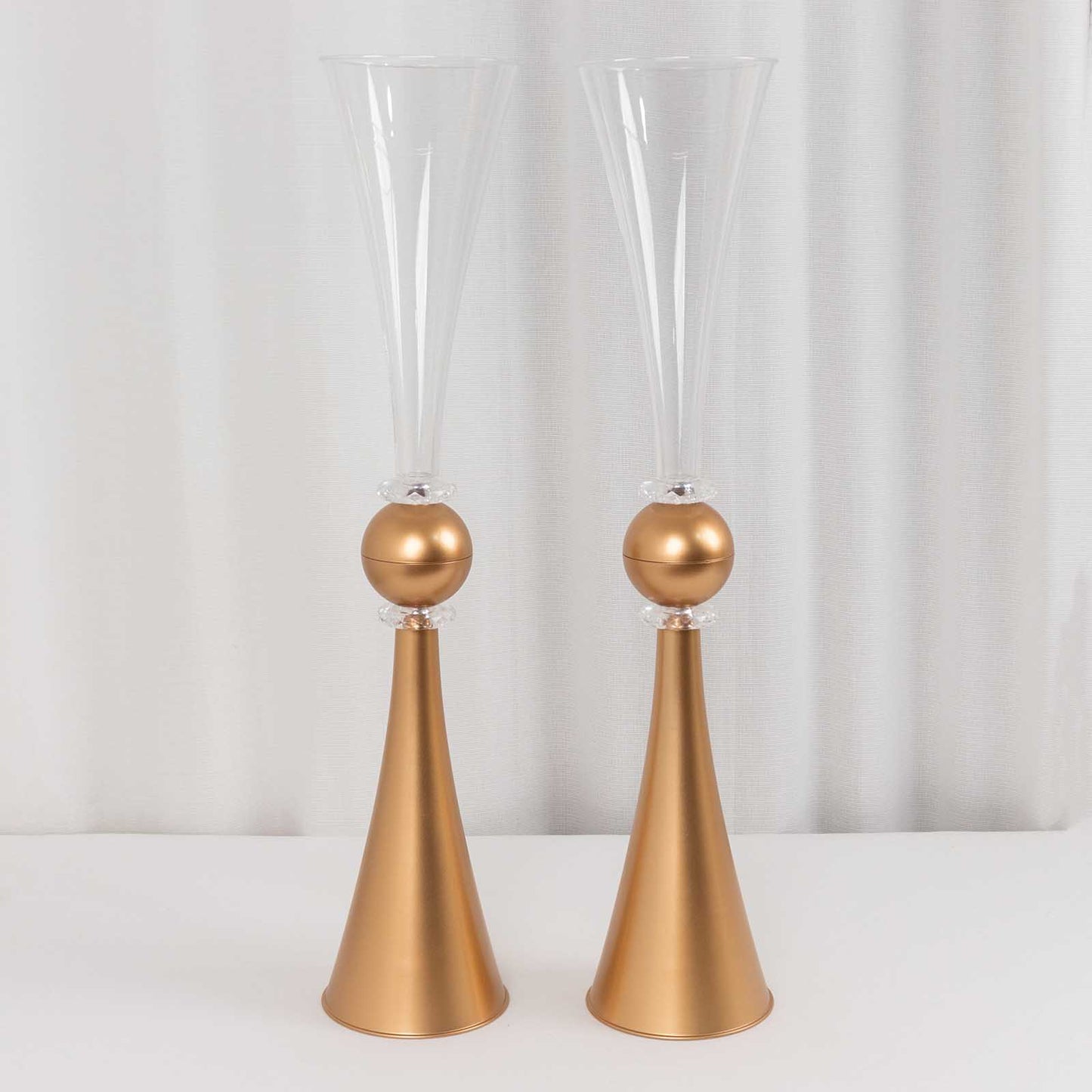 2 Pack Clear Gold Crystal Embellishment Trumpet Flower Vase, 27" Reversible Plastic Table Centerpiece