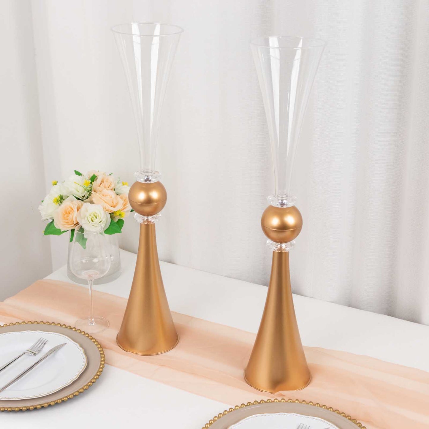 2 Pack Clear Gold Crystal Embellishment Trumpet Flower Vase, 27" Reversible Plastic Table Centerpiece