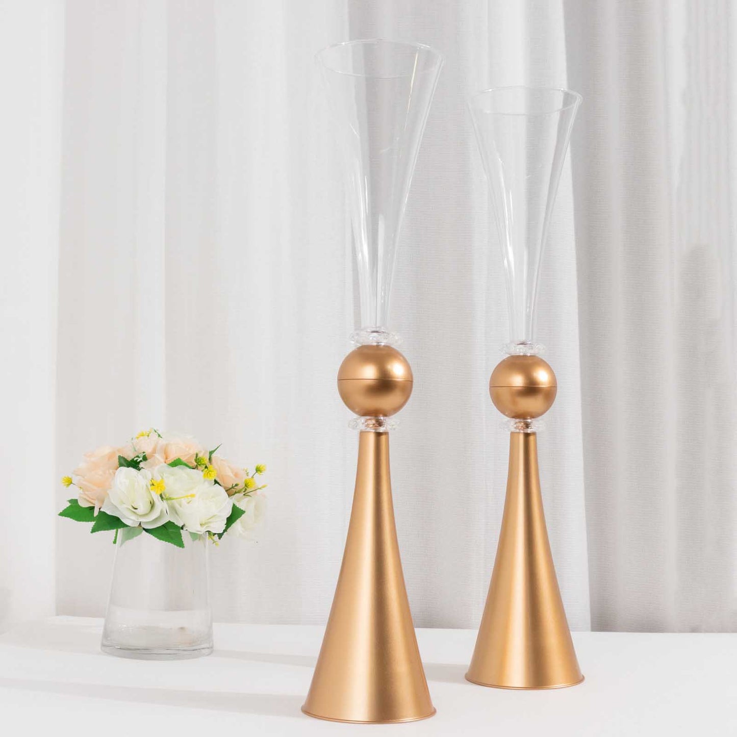 2 Pack Clear Gold Crystal Embellishment Trumpet Flower Vase, 27" Reversible Plastic Table Centerpiece