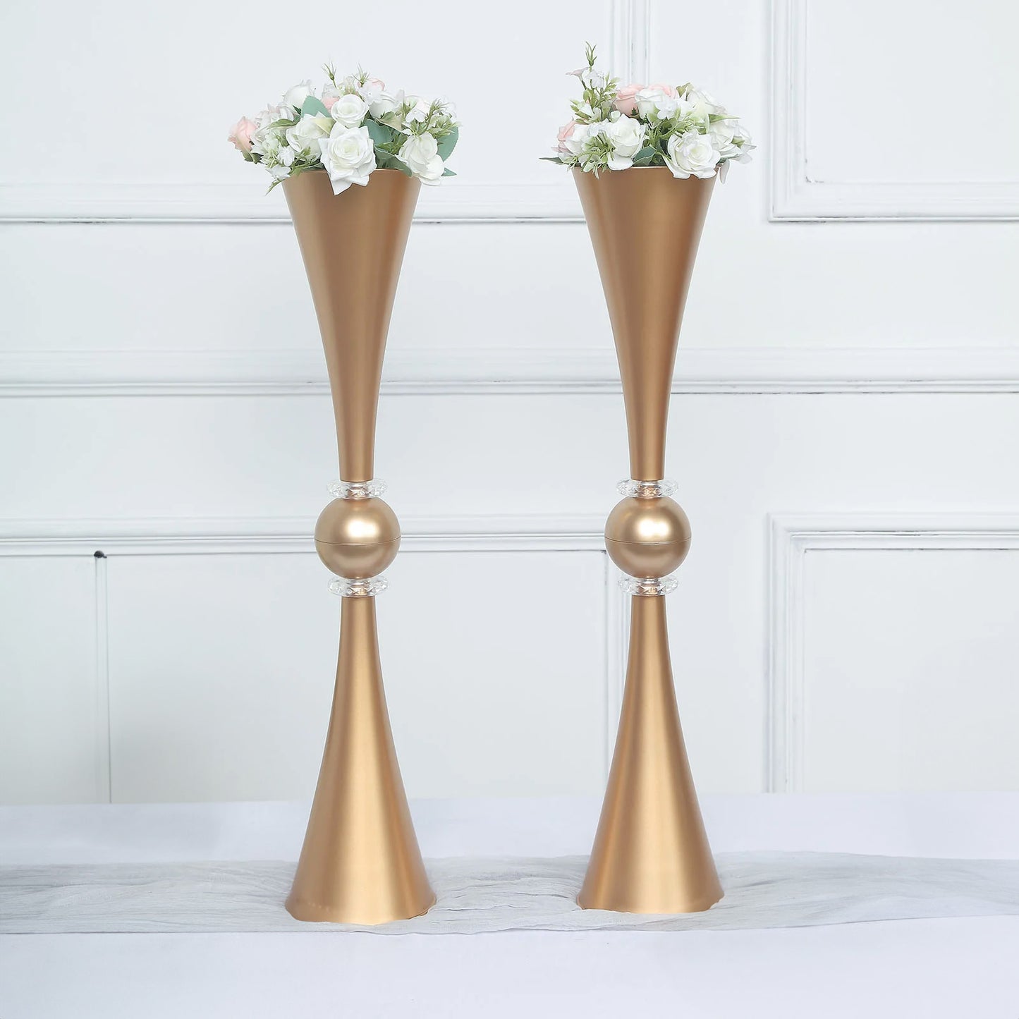 2 Pack | 27" Gold Crystal Embellishment Trumpet Table Centerpiece, Reversible Plastic Flower Vase