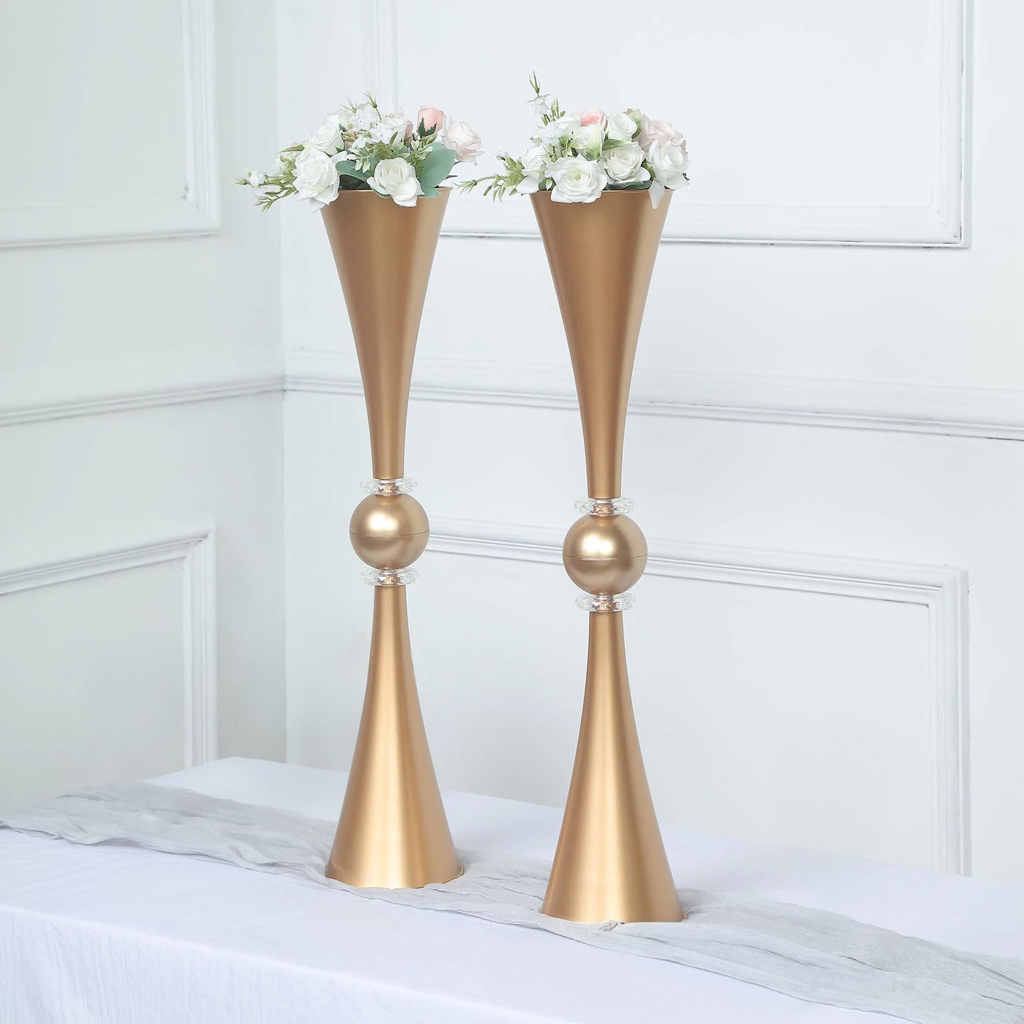 2 Pack | 27" Gold Crystal Embellishment Trumpet Table Centerpiece, Reversible Plastic Flower Vase