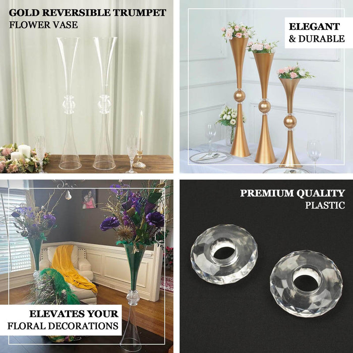 2 Pack | 21" Gold Crystal Embellishment Trumpet Table Centerpiece, Reversible Plastic Flower Vase