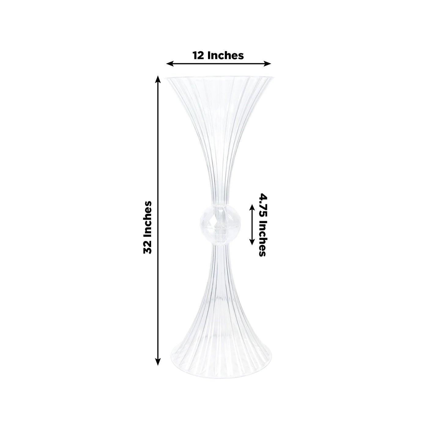 4 Pack Clear Ribbed Acrylic Trumpet Vases – 32" Reversible Flower Centerpiece with Crystal Ball Accent