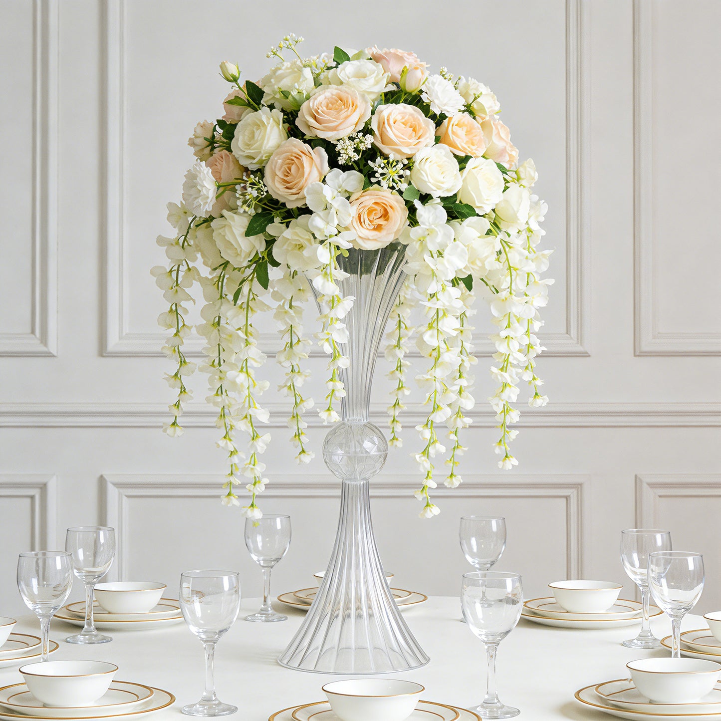 4 Pack Clear Ribbed Acrylic Trumpet Vases – 32" Reversible Flower Centerpiece with Crystal Ball Accent