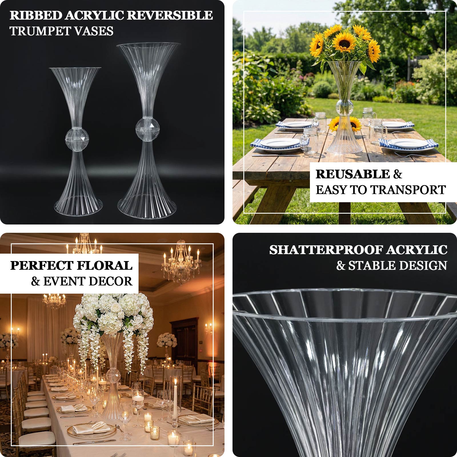 4 Pack Clear Ribbed Acrylic Trumpet Vases – Reversible Flower Centerpiece with Crystal Ball Accent