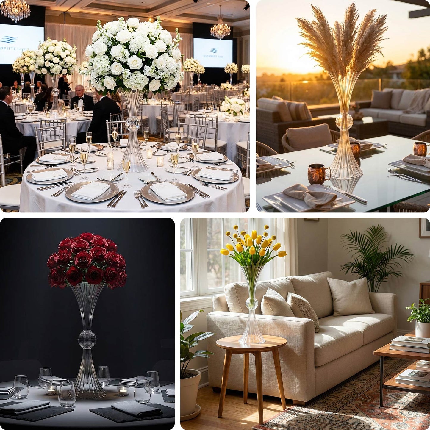 4 Pack Clear Ribbed Acrylic Trumpet Vases – Reversible Flower Centerpiece with Crystal Ball Accent