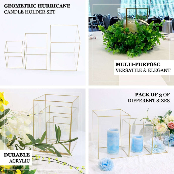 Clear acrylic candle holders with gold rims, perfect for floral displays.