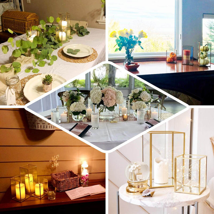 Clear acrylic candle holders with gold rims for elegant floral displays.