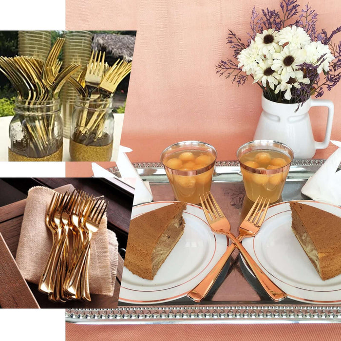 25 Pack of 7" metallic gold heavy-duty plastic forks for elegant dining.
