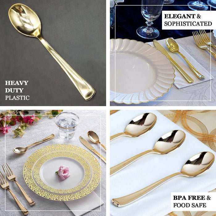 7" Metallic Gold Heavy Duty Plastic Spoon - 25 Pack, Elegant Tableware