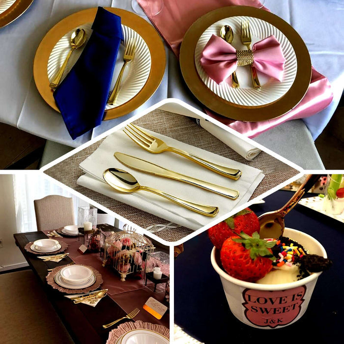 Metallic gold heavy duty plastic spoons, perfect for elegant dining.