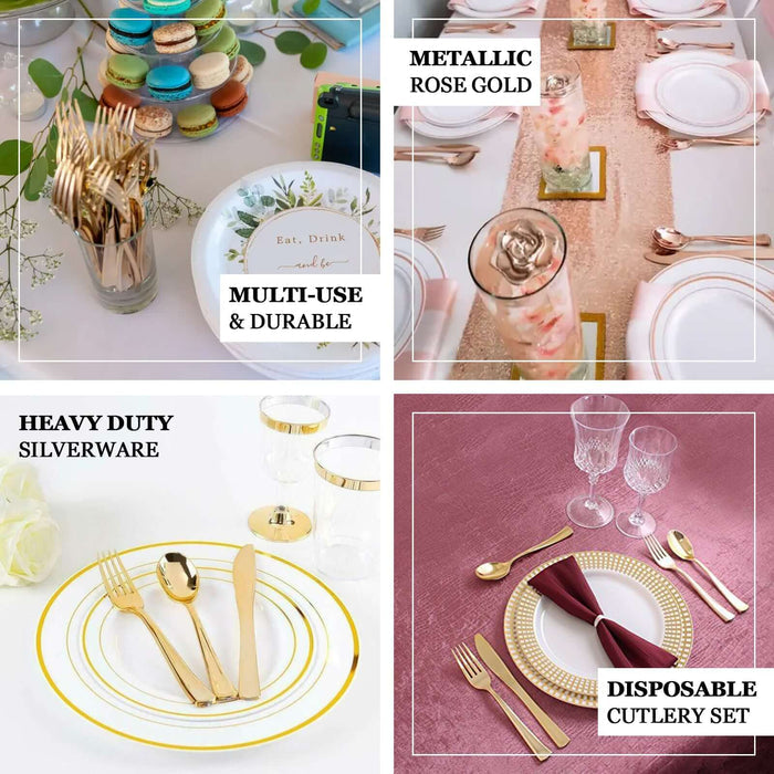 Metallic rose gold disposable cutlery set on a decorative table setting.