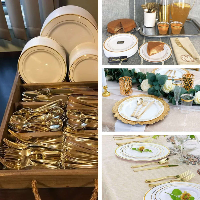 Metallic gold heavy duty plastic silverware set in a decorative display.