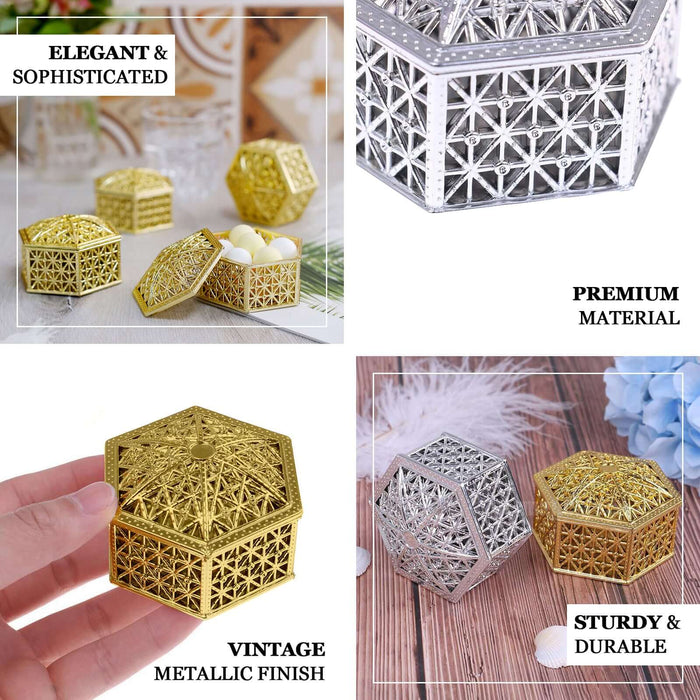 12 Pack | 3" Gold Vintage Hexagon Party Favor Candy Boxes, Treat Gift Container