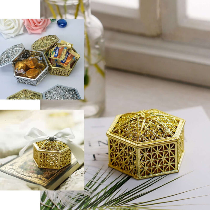 12 Pack | 3" Gold Vintage Hexagon Party Favor Candy Boxes, Treat Gift Container