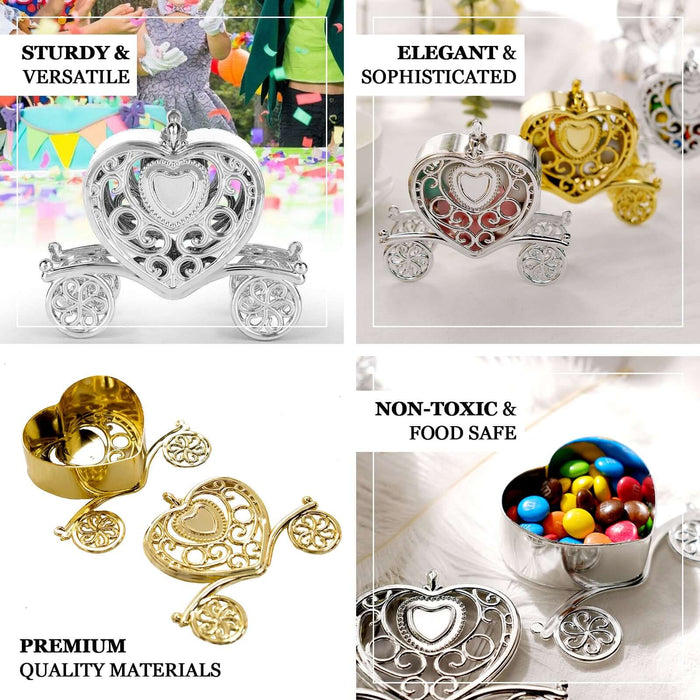 Silver heart carriage favor boxes for candy treats, 12 pack.