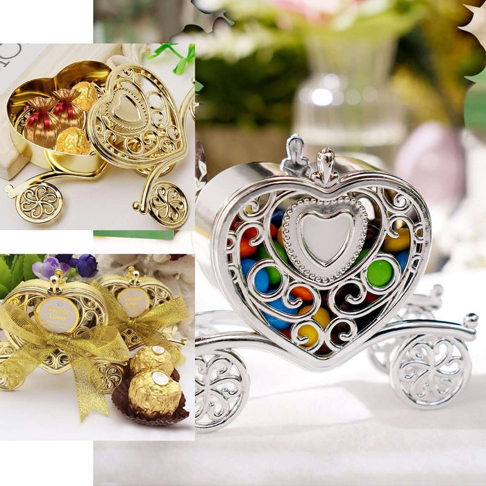 12 Pack | 4" Gold Heart Carriage Party Favor Gift Boxes, Candy Treat Containers