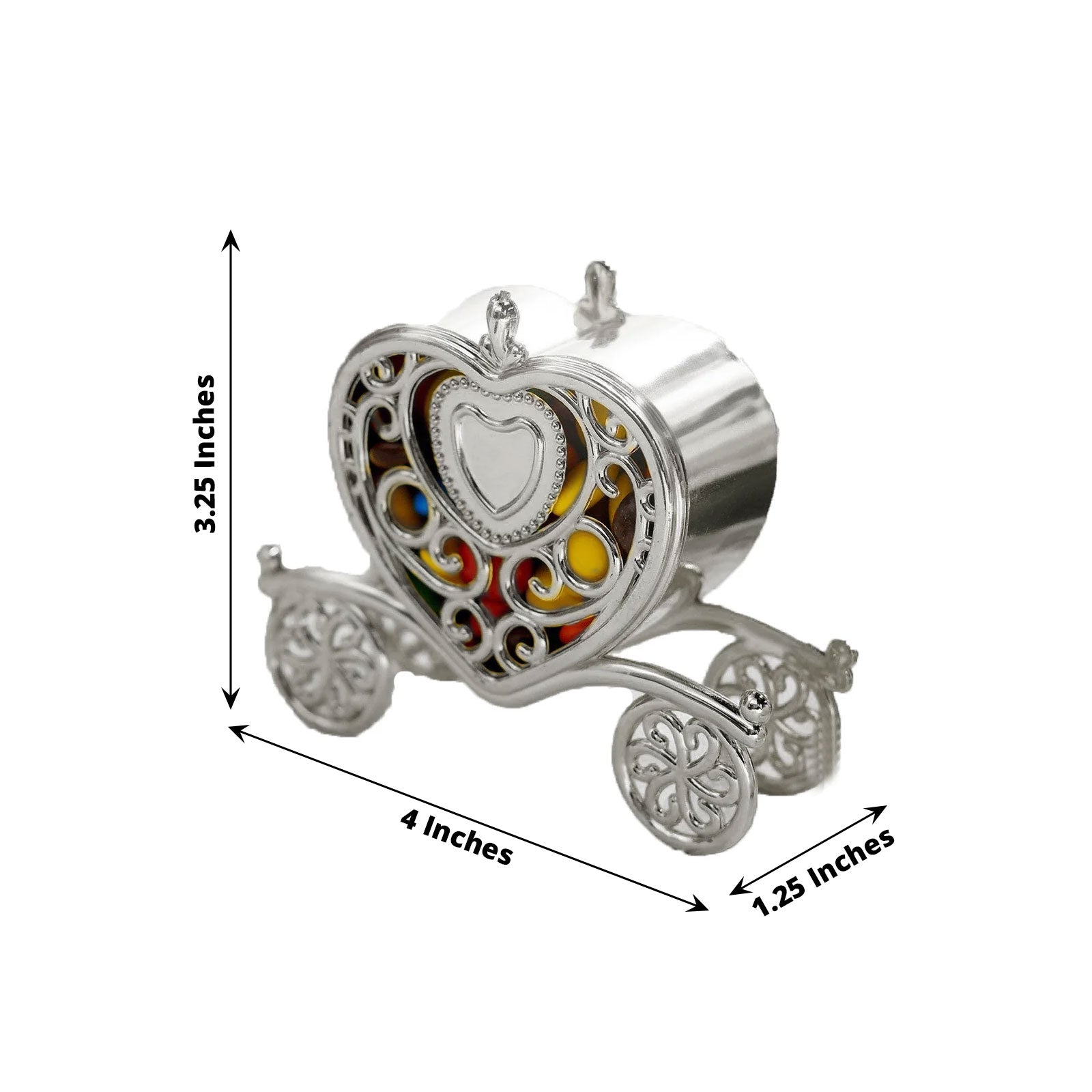 Silver heart carriage party favor gift box, 4 inches, perfect for candy treats.
