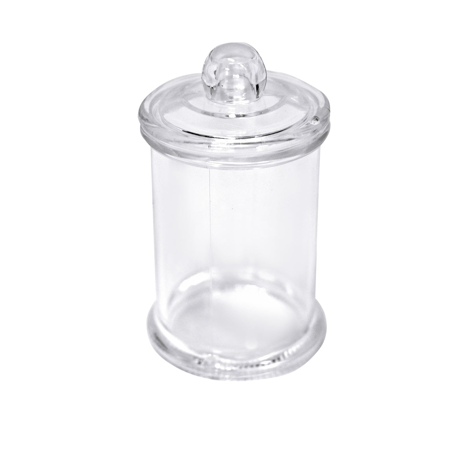 Clear plastic candy jar with lid, perfect for party favors or goodie containers.