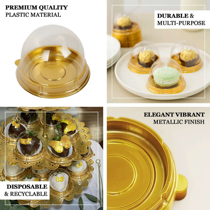 50 Pack | Gold/Clear 3" Mini Plastic Cupcake Favor Containers, Round Dome Party Boxes Treat Display Holder