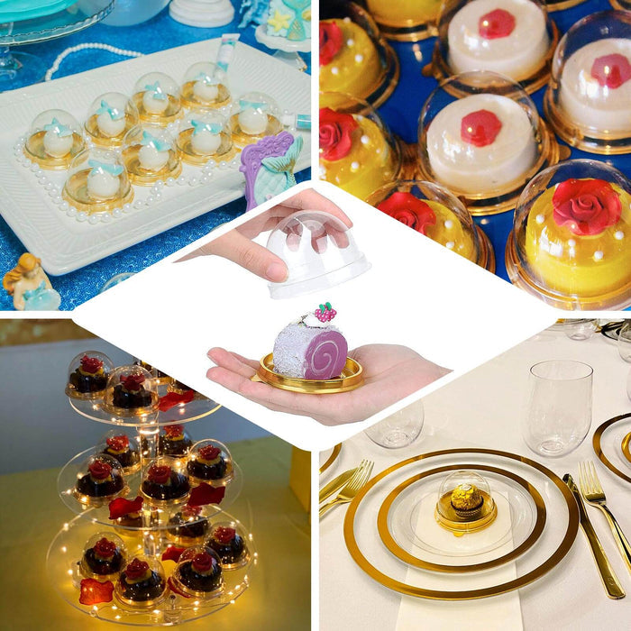 50 Pack | Gold/Clear 3" Mini Plastic Cupcake Favor Containers, Round Dome Party Boxes Treat Display Holder