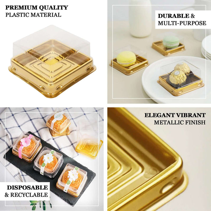 50 Pack | Gold/Clear 3" Mini Plastic Cupcake Favor Containers, Square Party Boxes Treat Display Holder
