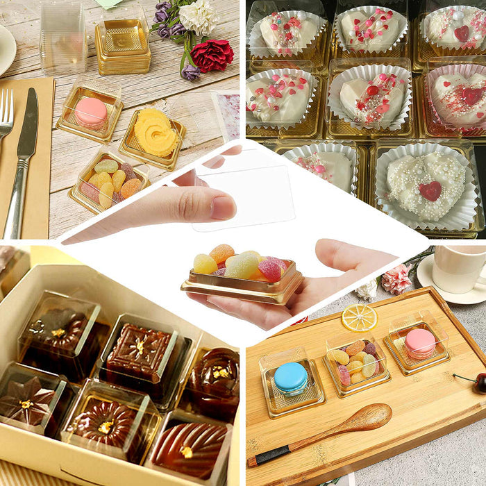 50 Pack | Gold/Clear 3" Mini Plastic Cupcake Favor Containers, Square Party Boxes Treat Display Holder