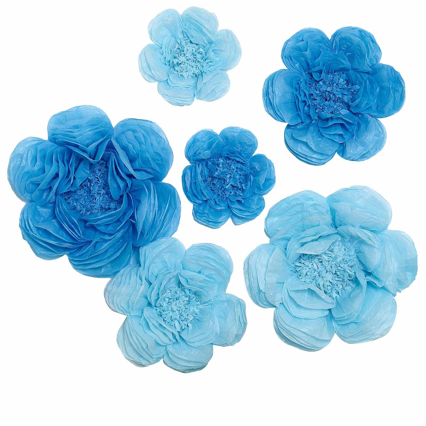 Pack of 6 - Periwinkle and Turquoise Assorted Size Paper Peony Flowers - 7" | 9" | 11"