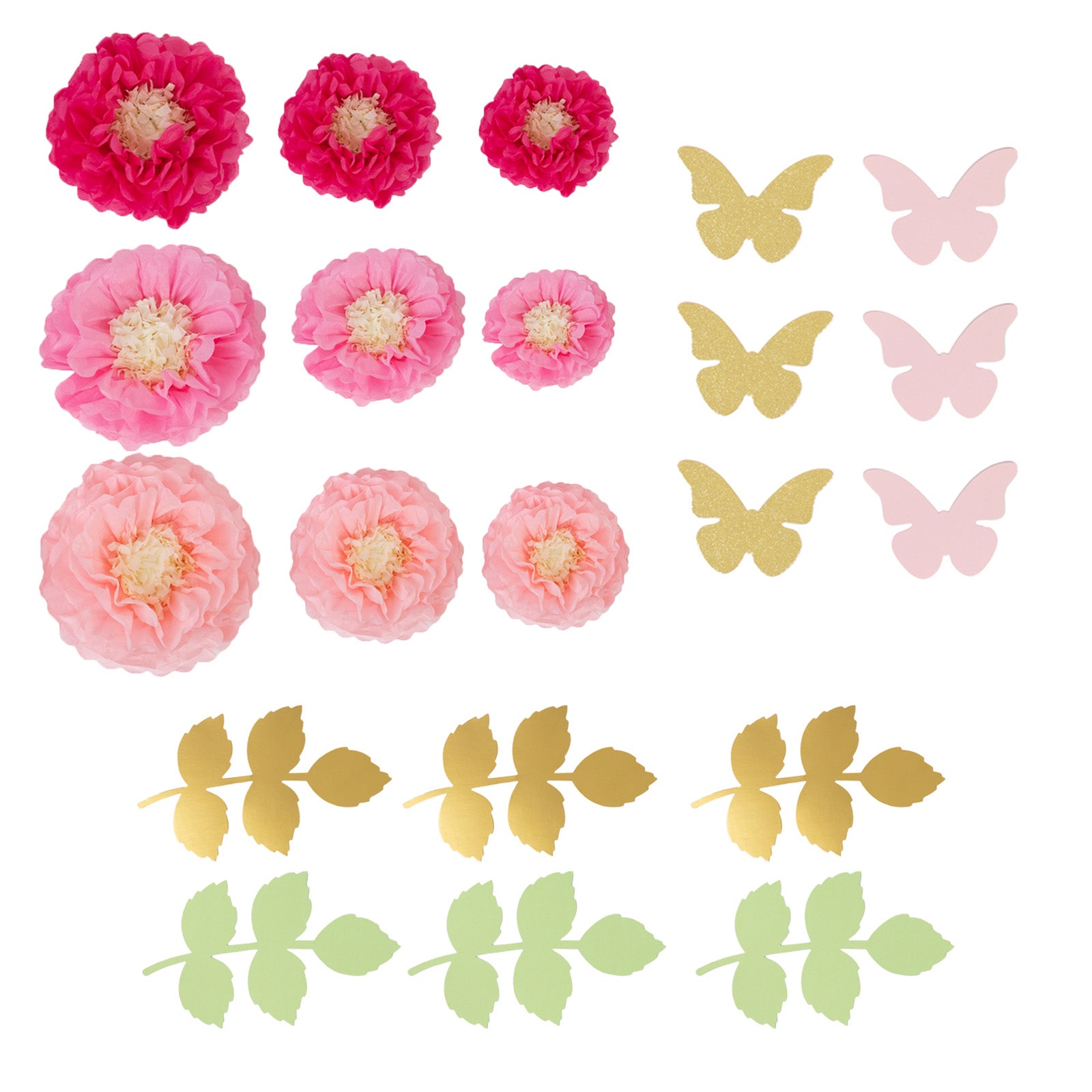 Blush pink tissue paper flowers with butterflies and olive leaves decor kit.