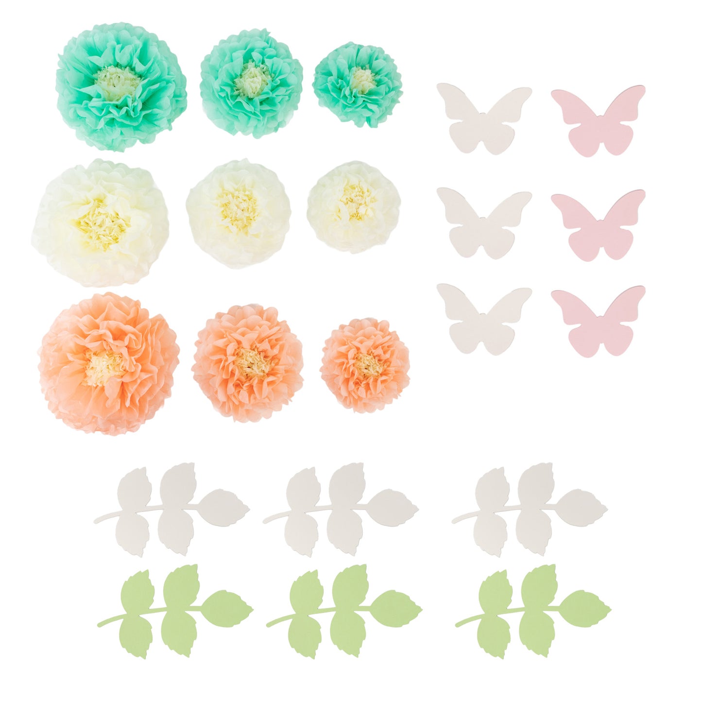 Cream and peach tissue paper flower pom poms with butterflies and olive leaves.
