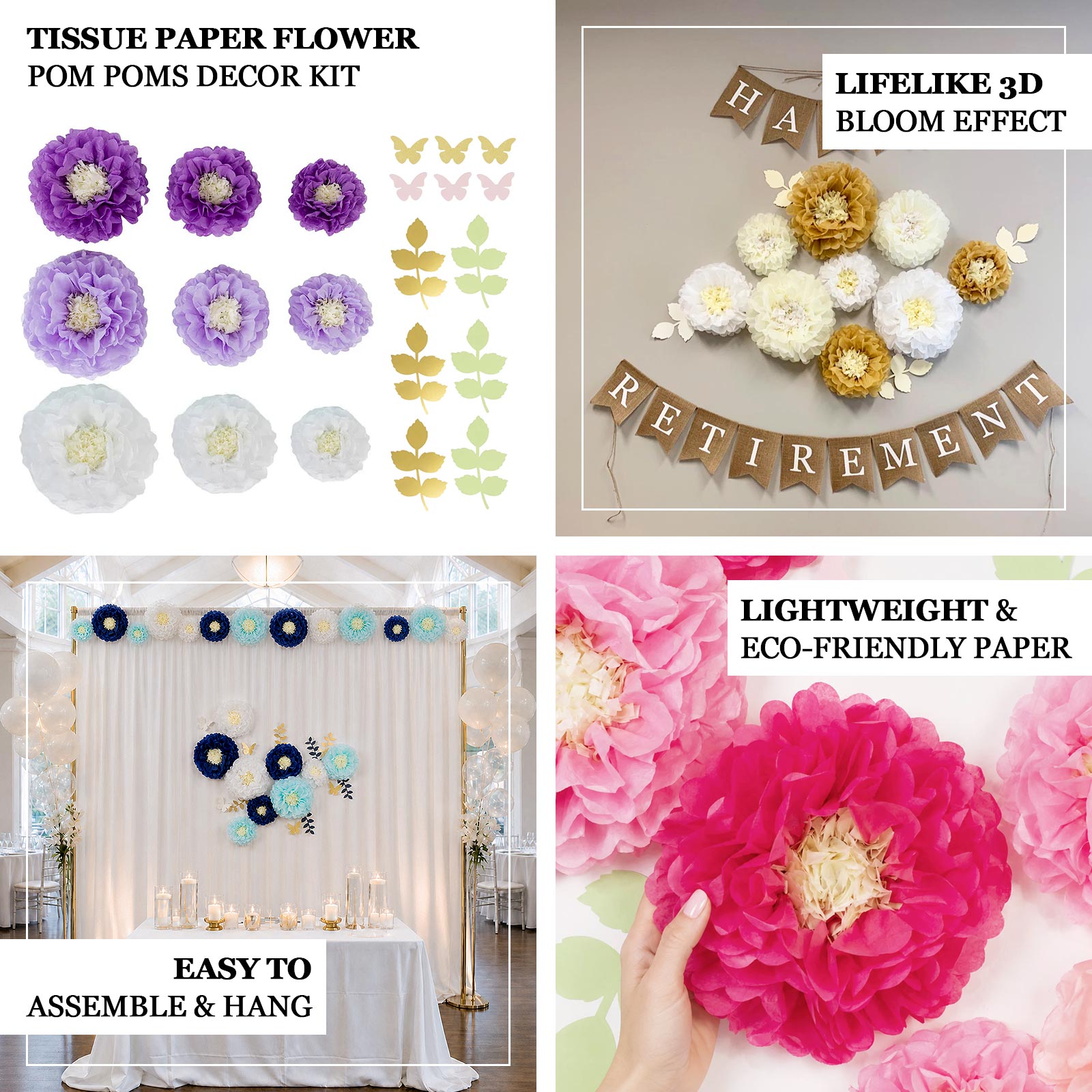 Set of 21 white and ivory tissue paper flowers with butterflies and olive leaves.