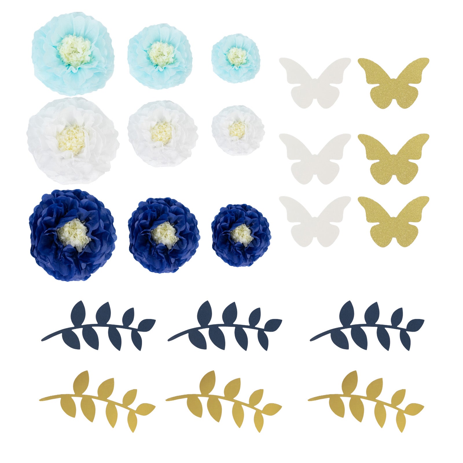 Set of 21 white and blue tissue paper flowers with butterflies and olive leaves.