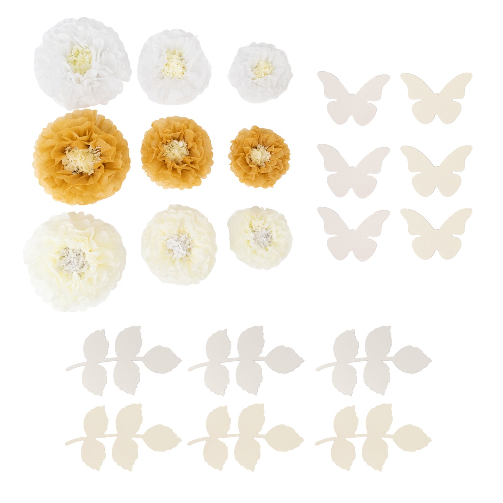 Set of 21 white and ivory tissue paper flowers with butterflies and leaves.