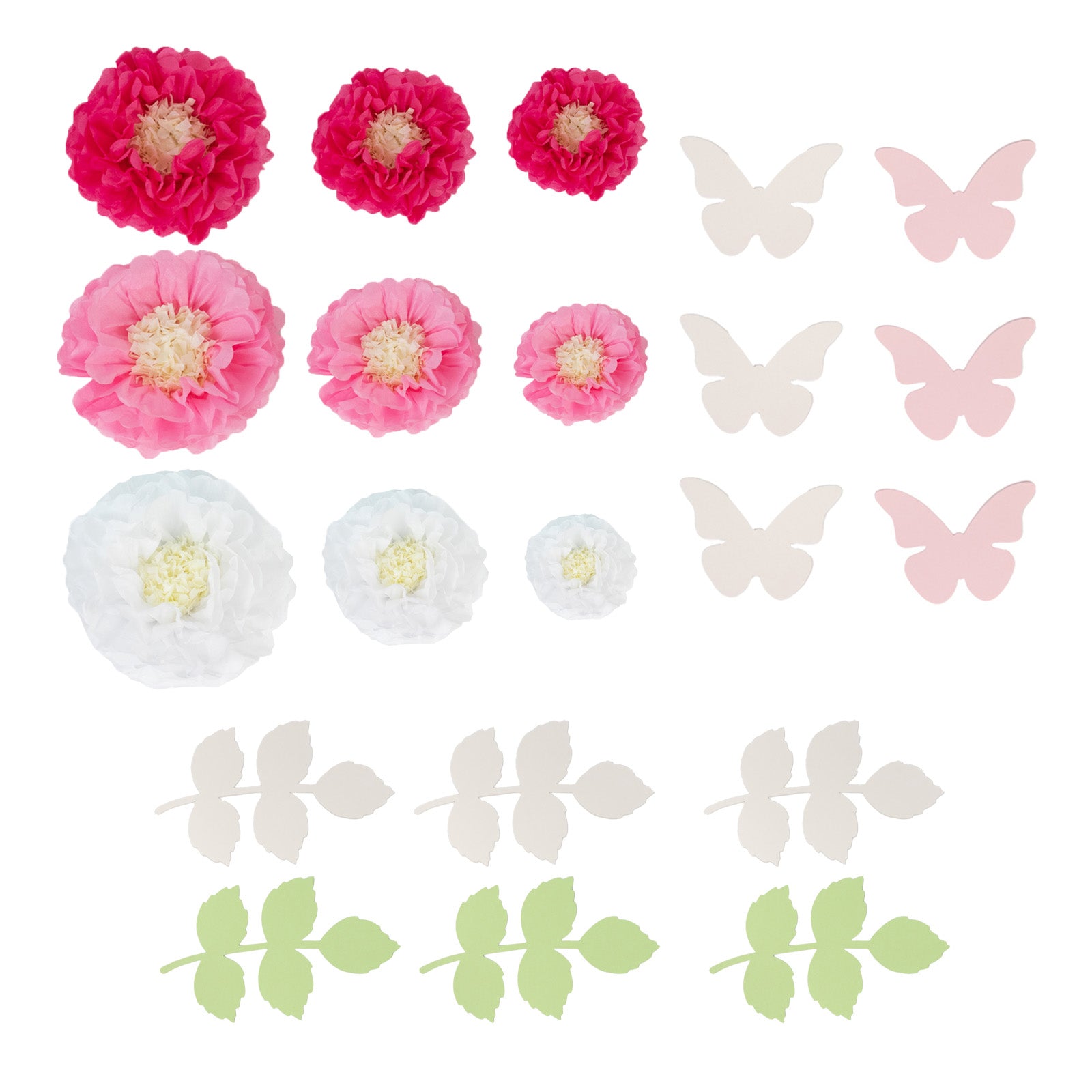 White and pink tissue paper flowers with butterflies and olive leaves decor kit.