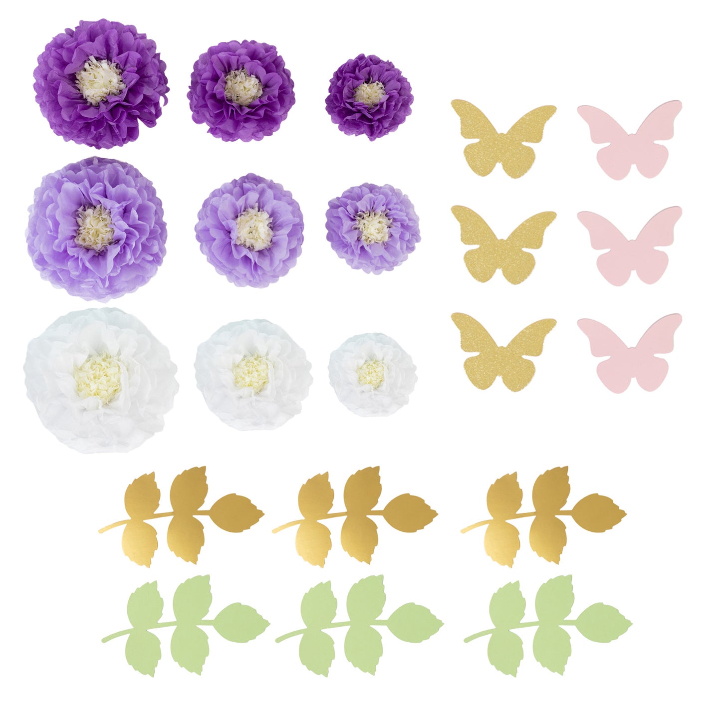 White and purple tissue paper flowers with butterflies and olive leaves decor kit.