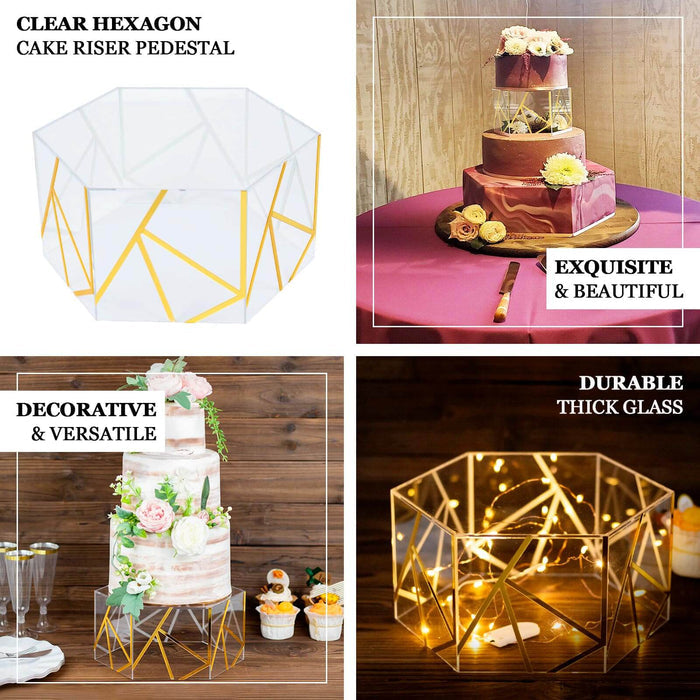 Clear and gold acrylic hexagonal cake box stand with hollow bottom.