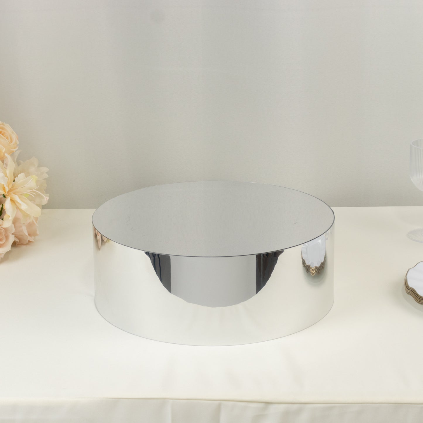 Acrylic Cake Stand Display Box 14" Round - Mirror Finish Silver, Versatile Pedestal Riser for Events