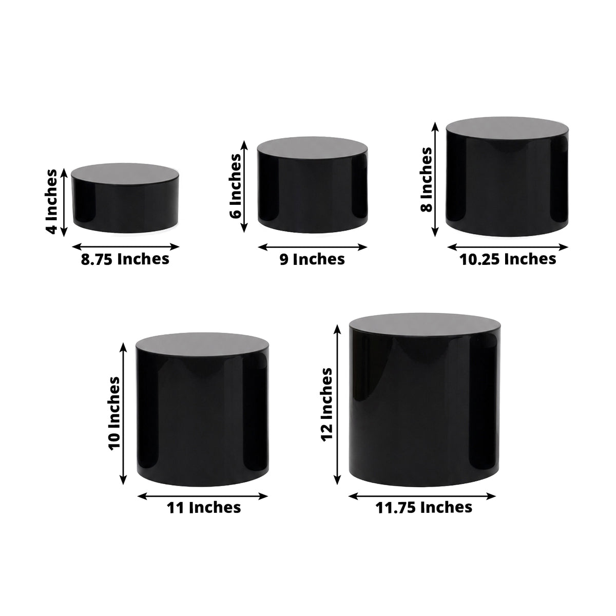 Set of 5 Acrylic Cake Stands Cylinder Design Round Black - Display Risers for Events 8.5", 9", 10", 