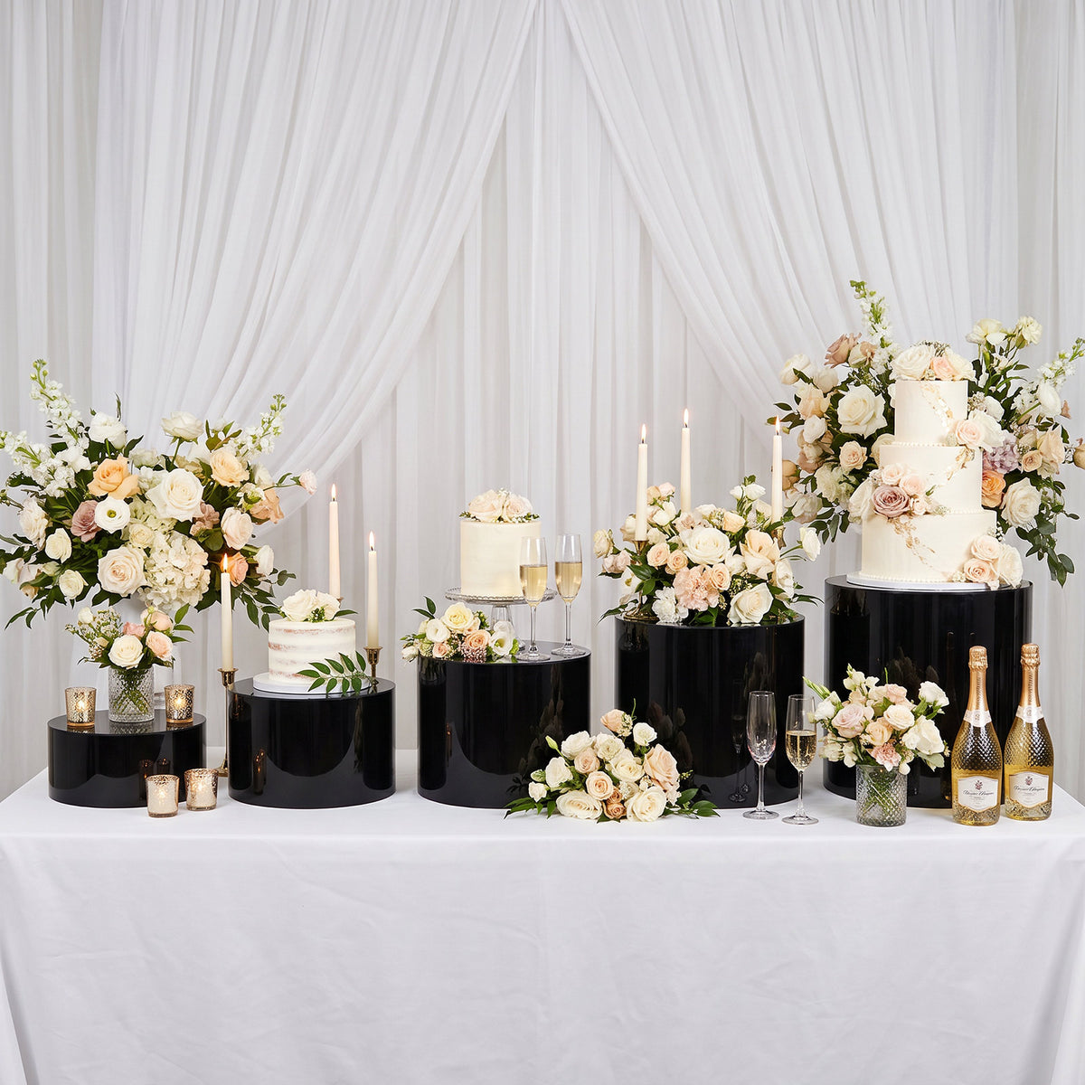 Set of 5 Acrylic Cake Stands Cylinder Design Round Black - Display Risers for Events 8.5", 9", 10", 