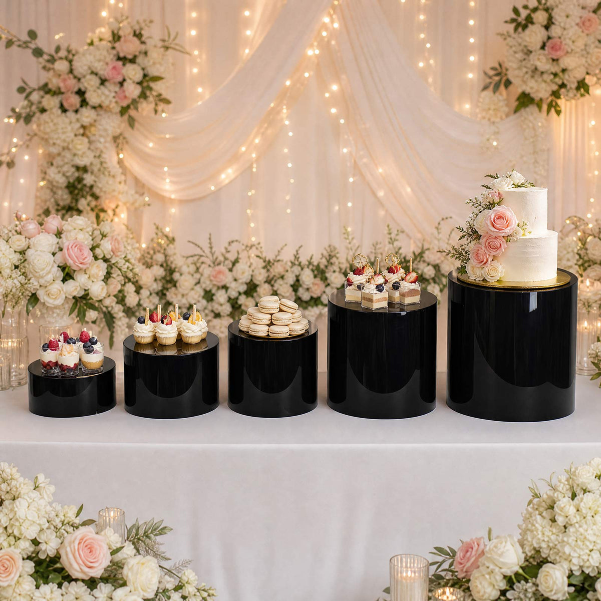 Set of 5 Acrylic Cake Stands Cylinder Design Round Black - Display Risers for Events 8.5", 9", 10", 