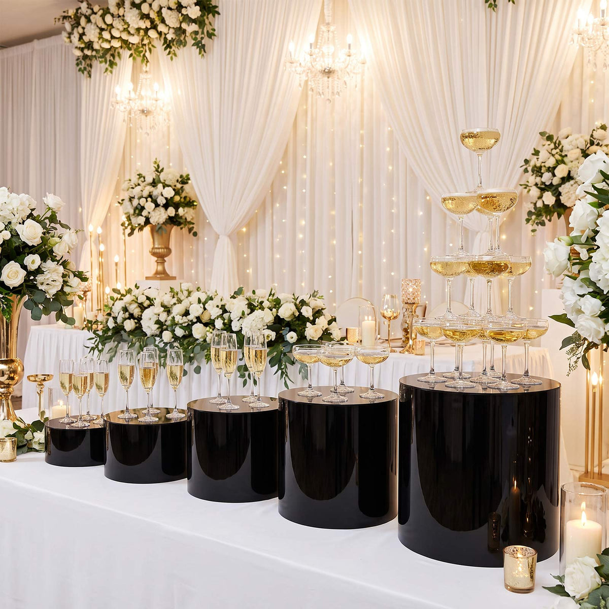 Set of 5 Acrylic Cake Stands Cylinder Design Round Black - Display Risers for Events 8.5", 9", 10", 