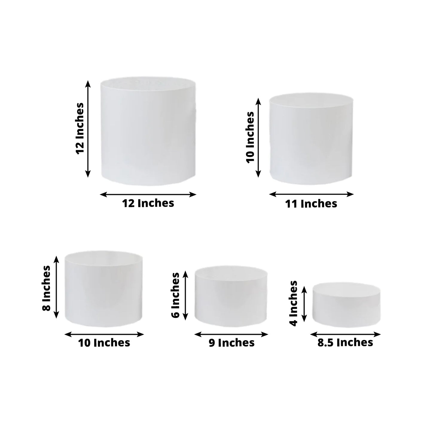 Clear acrylic cake stands, set of 5, cylinder design, various sizes for display.