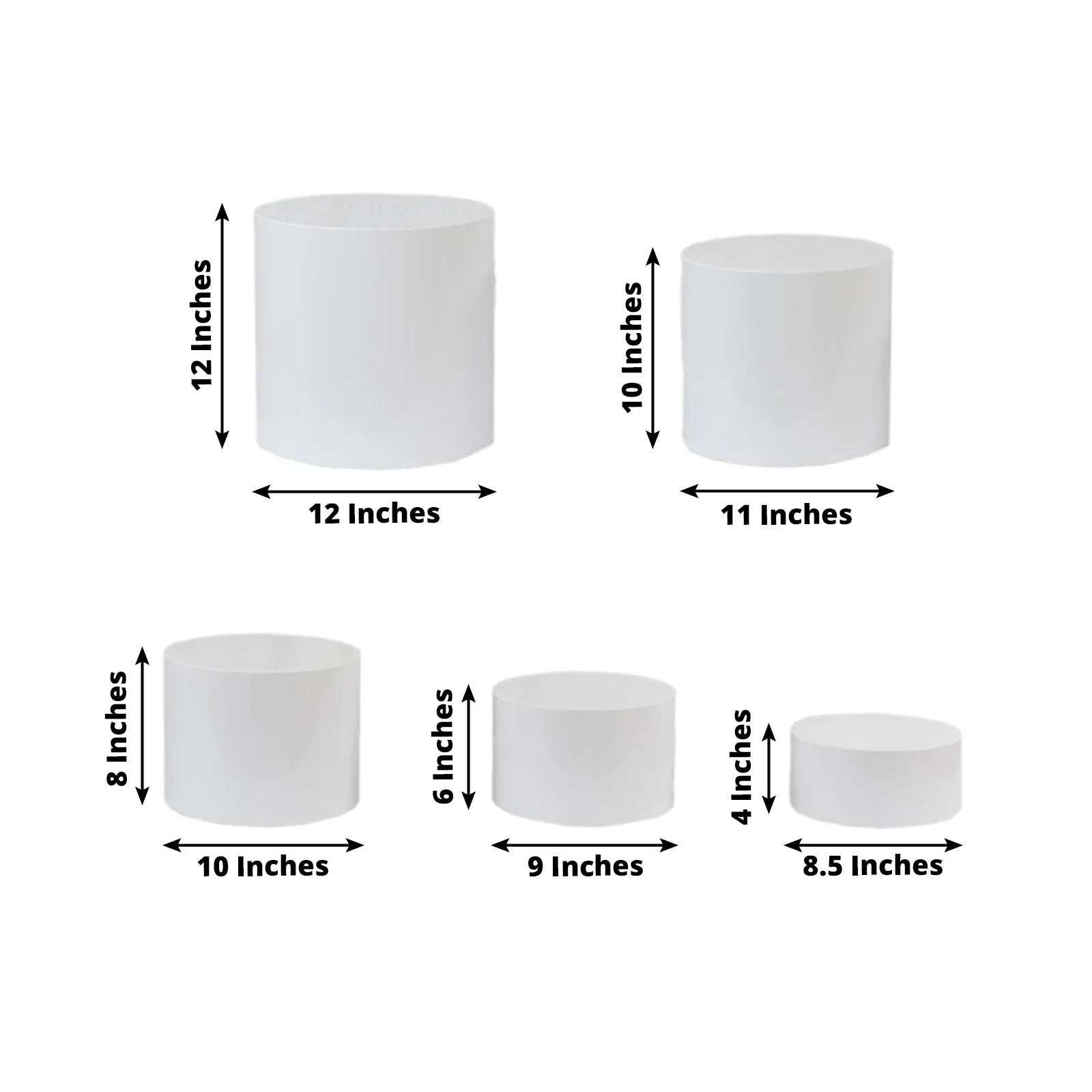 Clear acrylic cake stands, set of 5, cylinder design, various sizes for display.
