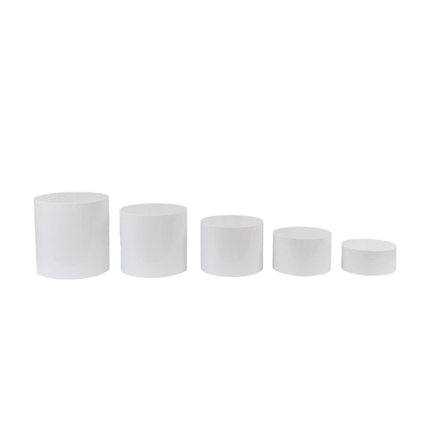 Set of 5 clear acrylic cake stands in varying sizes.