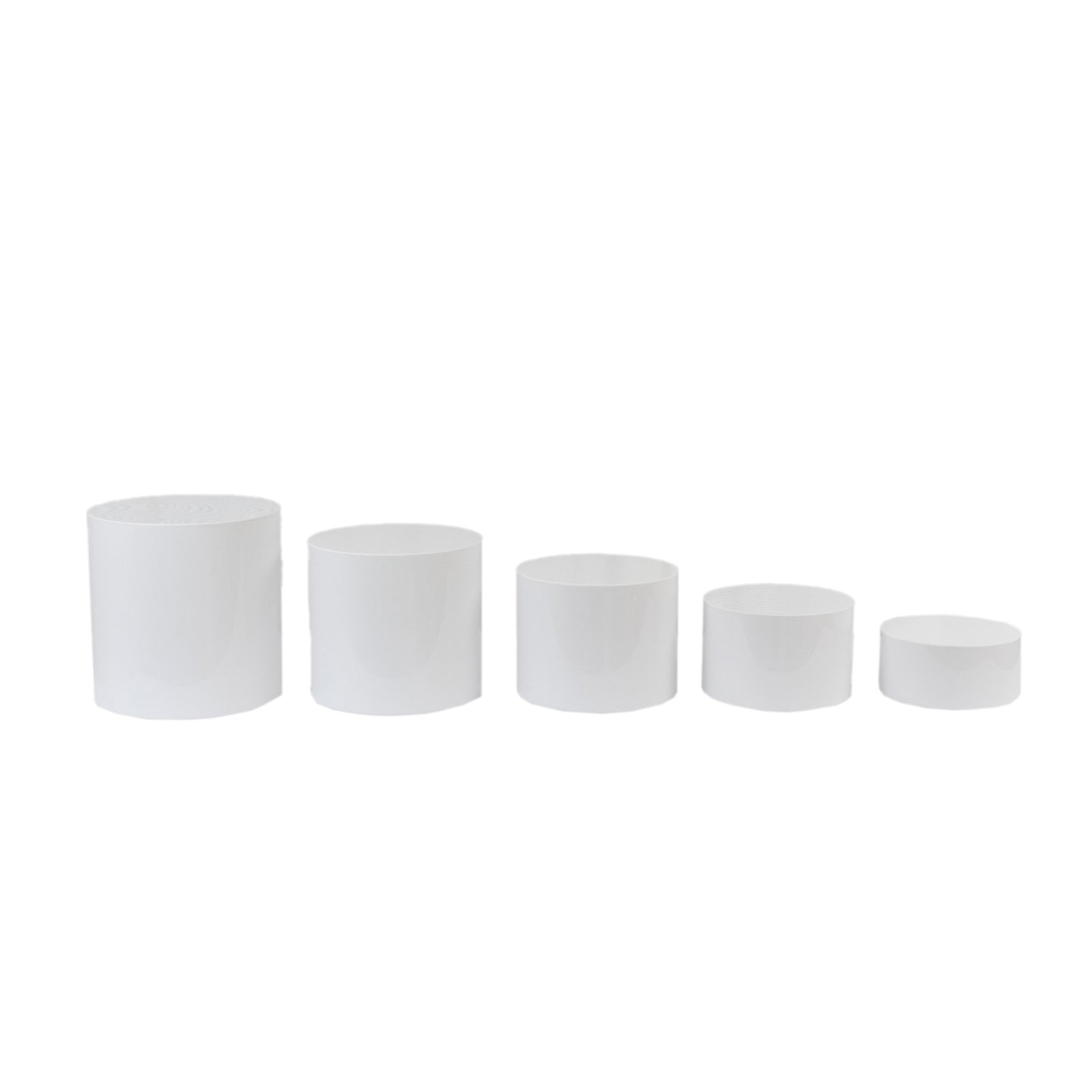 Set of 5 clear acrylic cake stands in varying sizes.