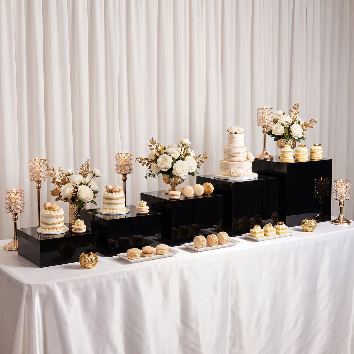 Set of 5 Square Acrylic Cake Risers, Black Dessert Display Stands for Buffets & Events – 4"-12" Tall