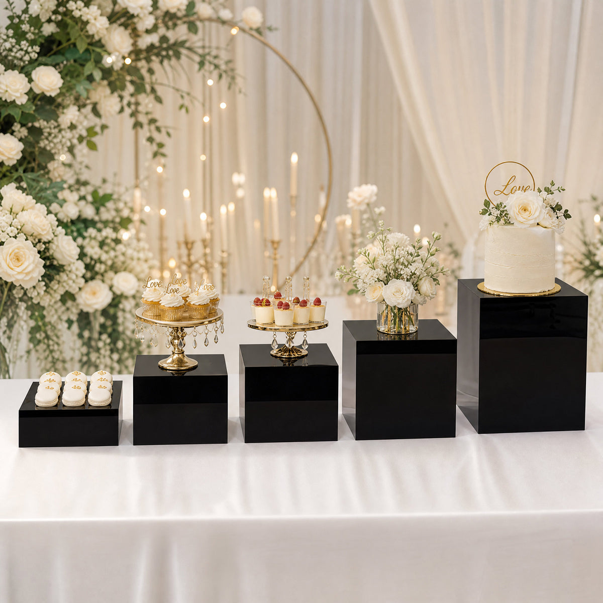 Set of 5 Square Acrylic Cake Risers, Black Dessert Display Stands for Buffets & Events – 4"-12" Tall
